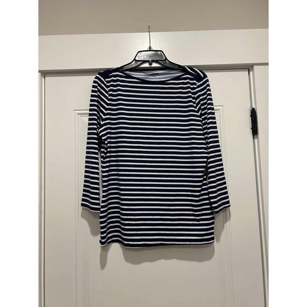 Lands End Blue Striped Boat Neck 3/4 Sleeve Medium Swim Shirt Nautical Beach